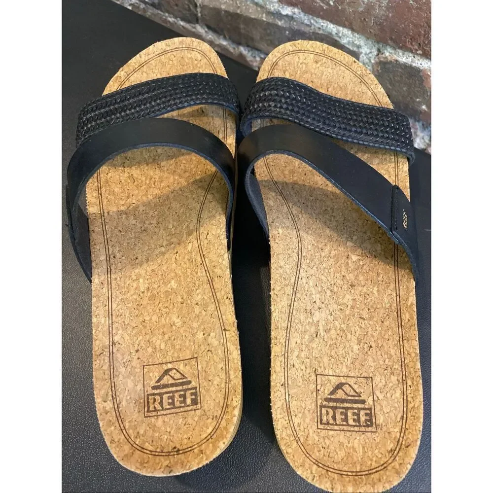 REEF • Black Vegan Leather Braided Double Strap Tan Cork/Foam 2” Sole Slide Sand